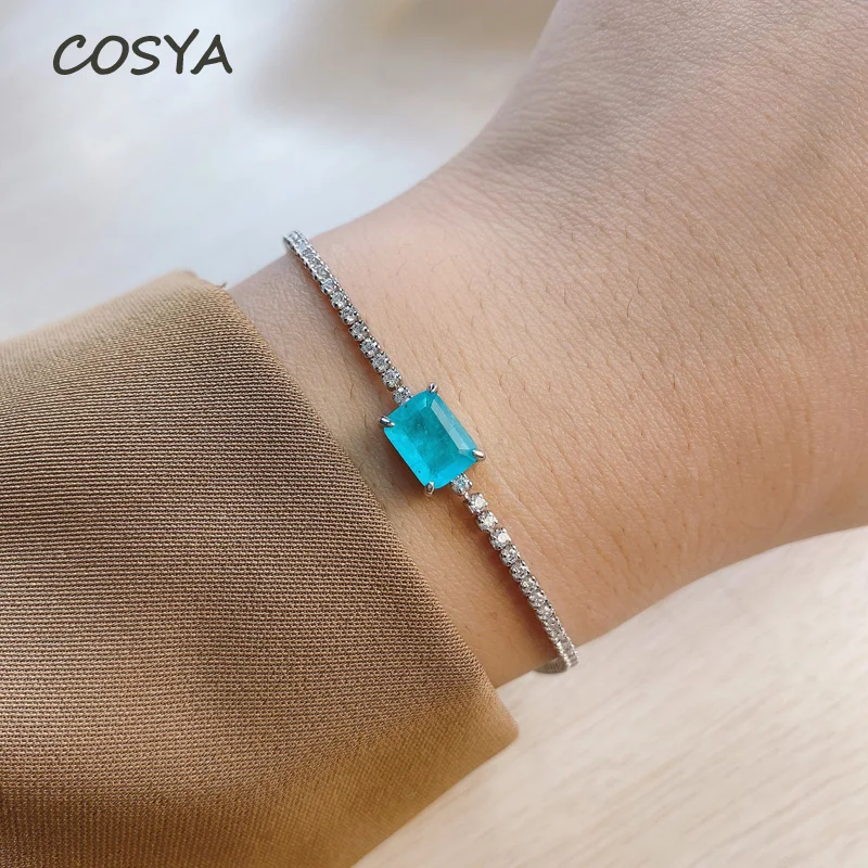 

COSYA Real 925 Sterling Silver Rectangle Paraiba Sea Blue Korean Fashion Women's Bracelet Temperament Fine Jewelry Birthday Gift