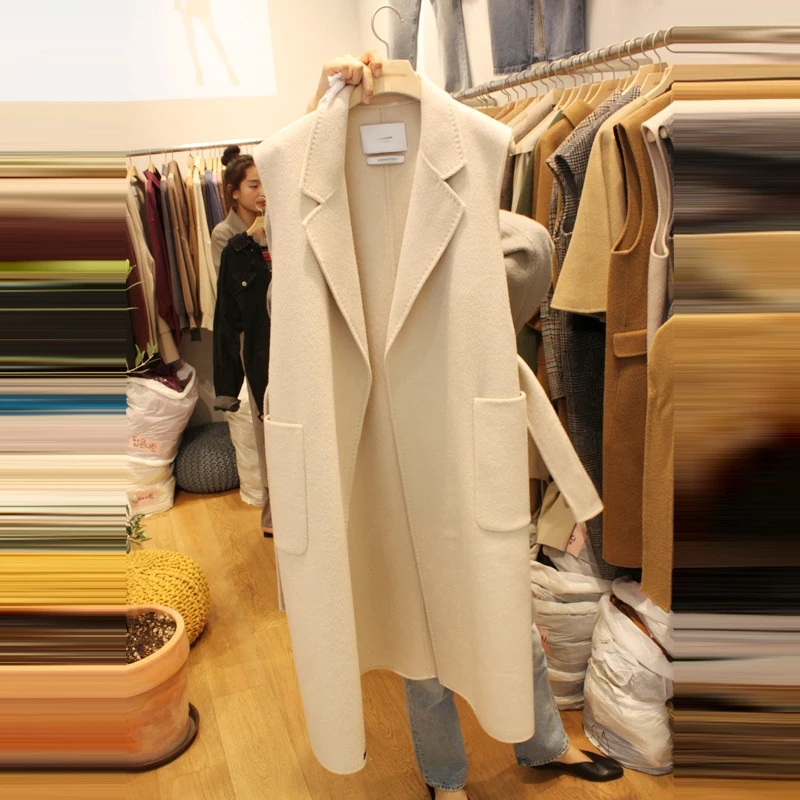 

Pinkou Women Stylish Solid Jacket Vest Beige Brown Basic Woolen Coat Bow Tie Belt Casual Outwear Chic Tops CA20