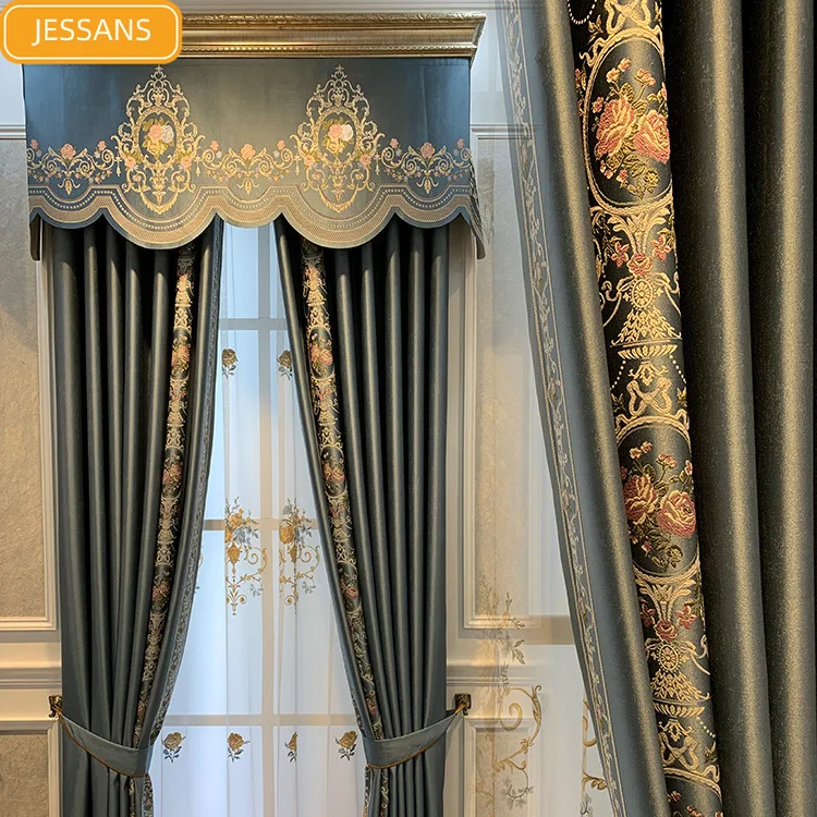 

High-end Light Luxury Color Jacquard Seamless Stitching Blackout Curtains for Living Room Bedroom Finished Custom Valance