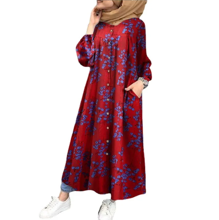 

Fashion New Cotton Printed Muslim Long Sleeve Loose Large Laid Women Dress