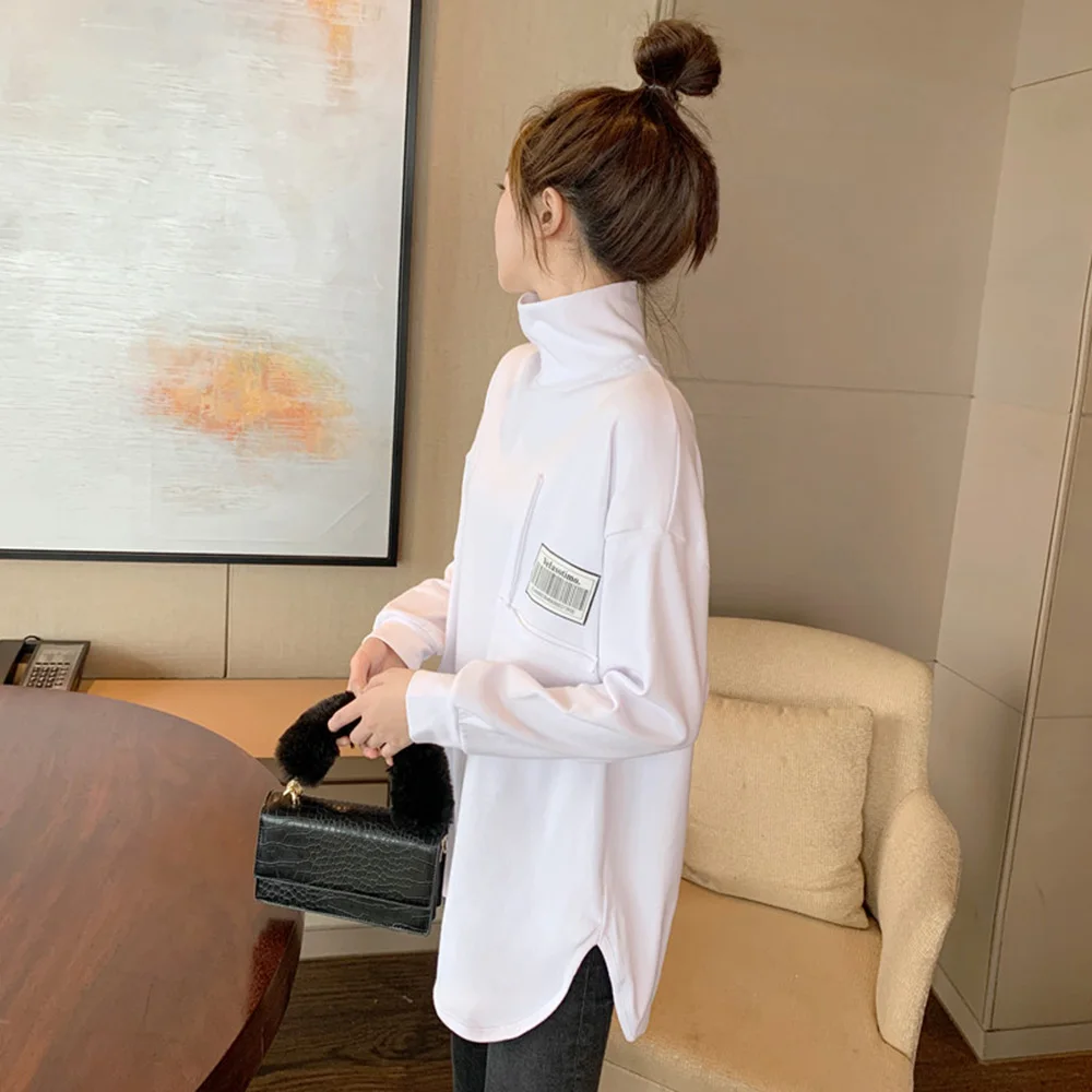 

Korean Version Japanese T-Shirt Spring Autumn New Fashion Loose Casual Simple Thicken Keep Warm Letter Turtleneck Long Sleeve