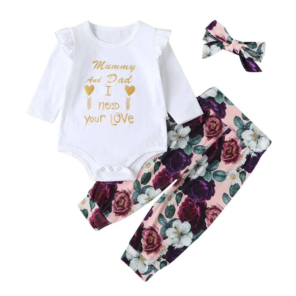 

2020 Winter Children Sets Casual Girls Long Sleeve O Neck Print Letter Tops Rose Print Pants Clothes Sets 0-18M