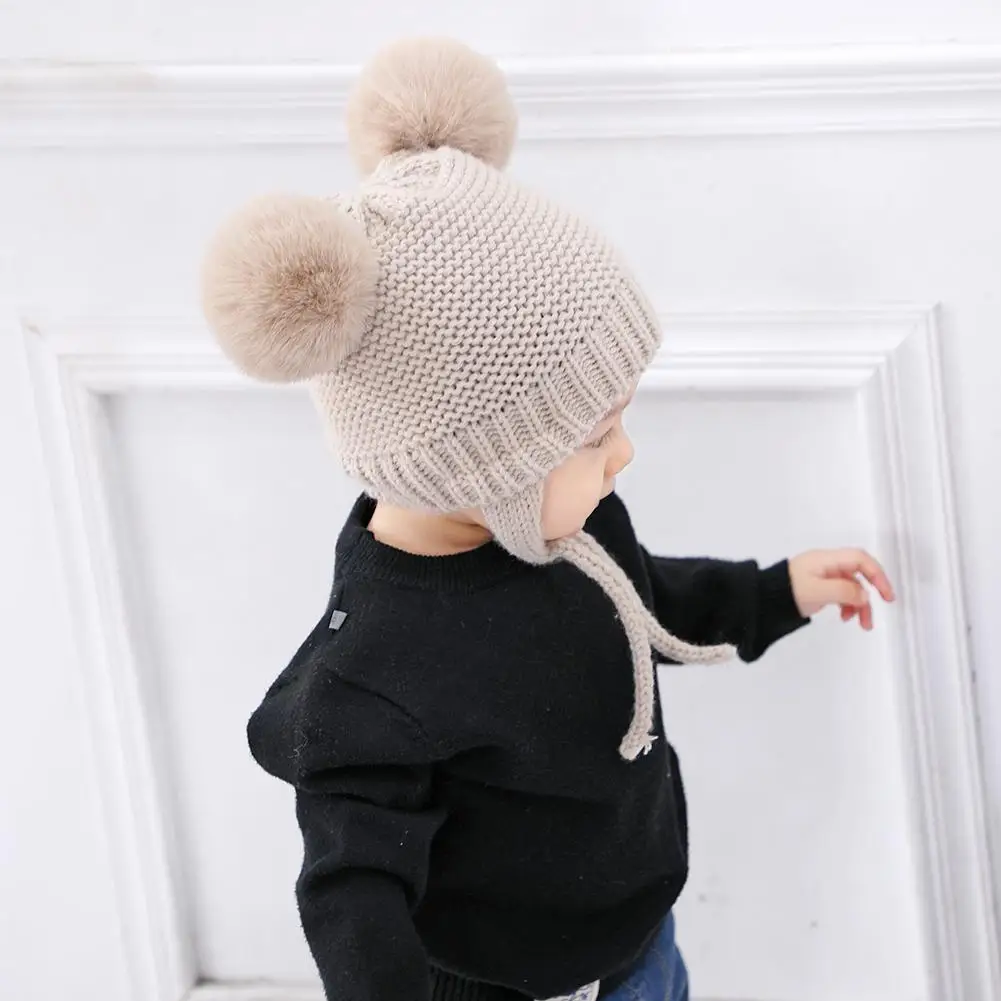 Детская зимняя двойная Кепка с помпонами для мальчиков и девочек детская мягкая