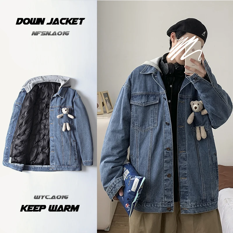 

2020New Brand Denim Jacket Men Winter Windbreaker Warm Mens Jackets Loose Outwear Hooded Male Thick warm Down jacket Couple coat