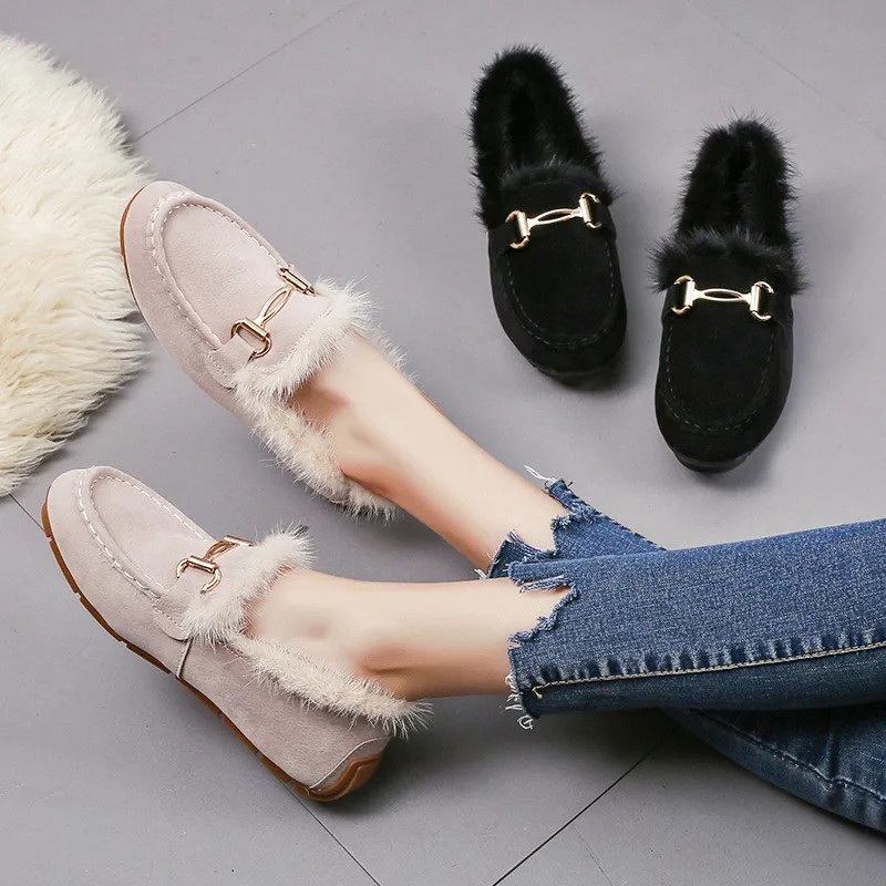 

Women Shoes Plush Mules Office Shallow Sewing Loafers Slip On Ladies Shoes Comfortable Female Footwear Winter Warm Flats Shoe