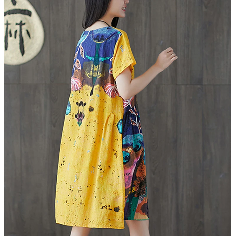 

Summer Dress 2021 New Women Vintage Short Sleeve Graffiti Printed Midi Dress Cotton Linen Sundress Baggy Beach Vestidos Mujer