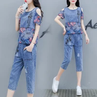 two piece suit embroidered denim suit 2020 new summer fashion denim womens cotton and linen printing denim short sleeve pants
