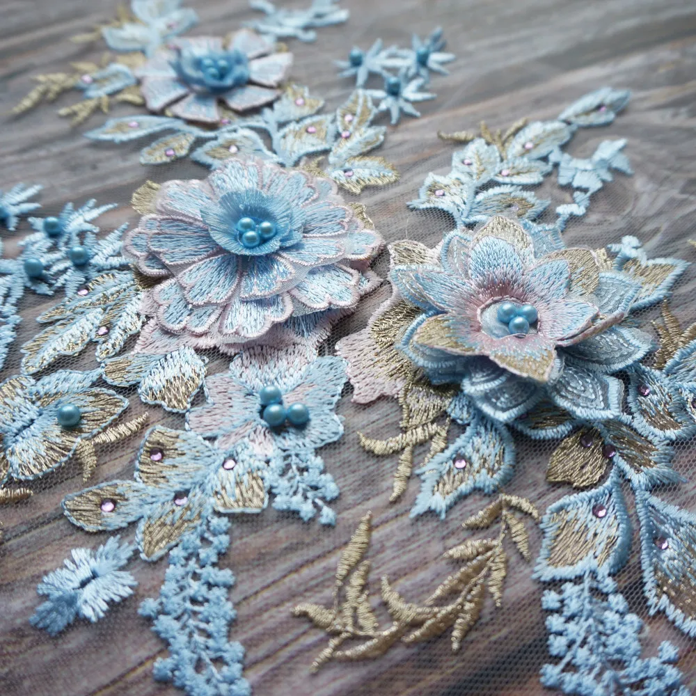 Синяя кружевная ткань 3D цветок бисер горный хрусталь Вышитые свадебное платье