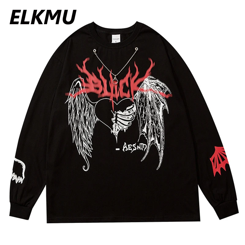 

Свитшот ELKMU в стиле Харадзюку, уличная одежда с принтом крыльев, Модный пуловер с цепочкой, осенний Свитшот оверсайз в стиле унисекс HM516