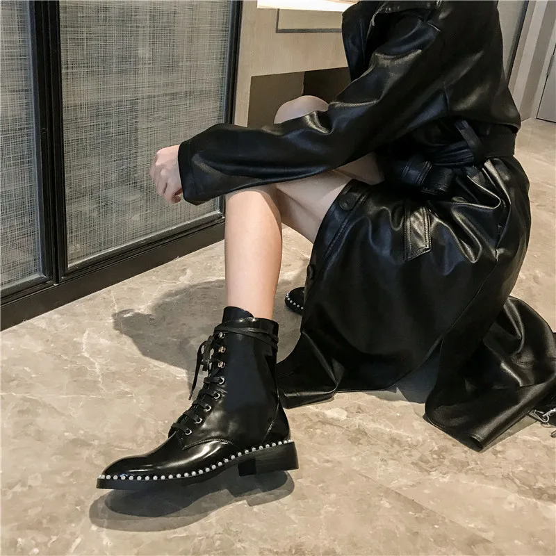 

FEDONAS Retro Genuine Leather Women Warm Boots Leather Pearl Decoration Zipper Thick Heels Pumps Winter Working Basic Shoes Woma