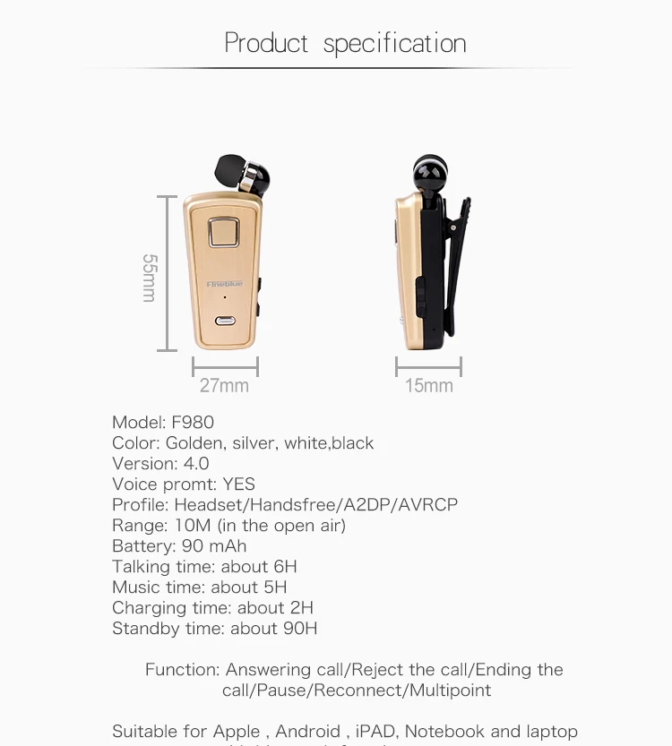 Fineblue F980 MINI Wireless Bluetooth Earphone Car In-Ear Handsfree with Microphone Headset Mini Vibration Support IOS Android