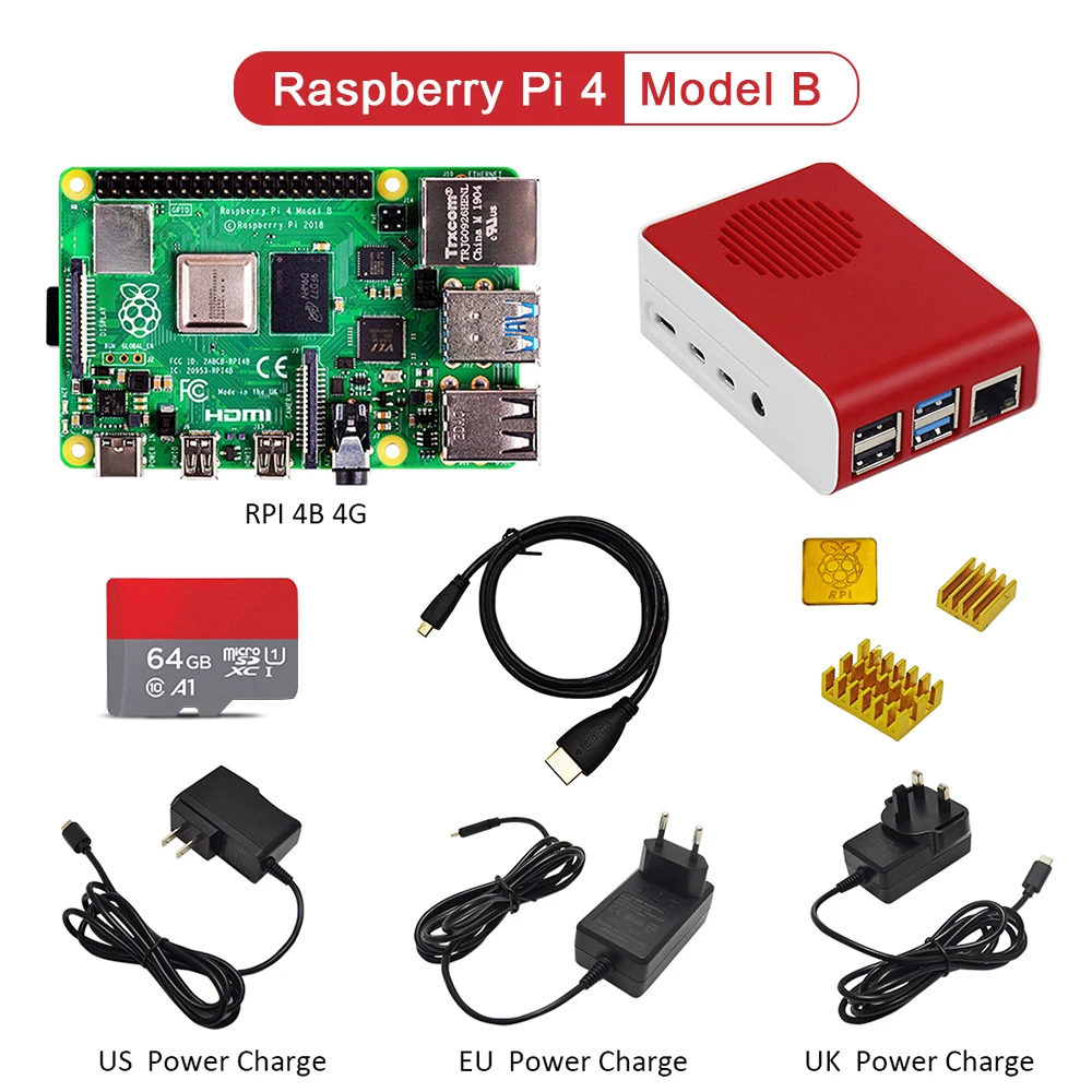 Billig Original Raspberry Pi4 Modell B Kit 4GB RAM + Fall Mit Fan + EU/US/UK Typ-C 5V/3A Power Ladegerät + 32G Tf-karte + Kühlkörper