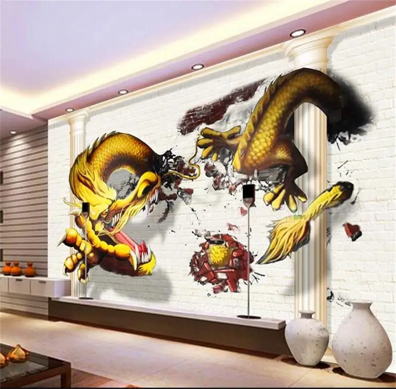 

Пользовательские 3d фото обои для гостиной роспись китайский дракон кирпичная стена картина Диван ТВ Фон нетканые обои для стены 3d