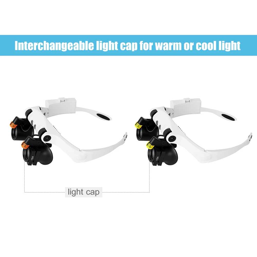 

Headband Magnifier Eye Loupes Eyeglass Style Hands-Free Magnifying Glass Multiple Magnifications with Warm and Cool LED Lights