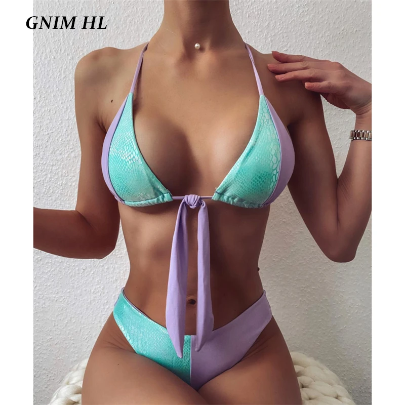 

GNIM сексуальный комплект бикини в стиле пэчворк 2020 летний треугольный купальник женский бандаж с открытой спиной бразильский купальник жен...