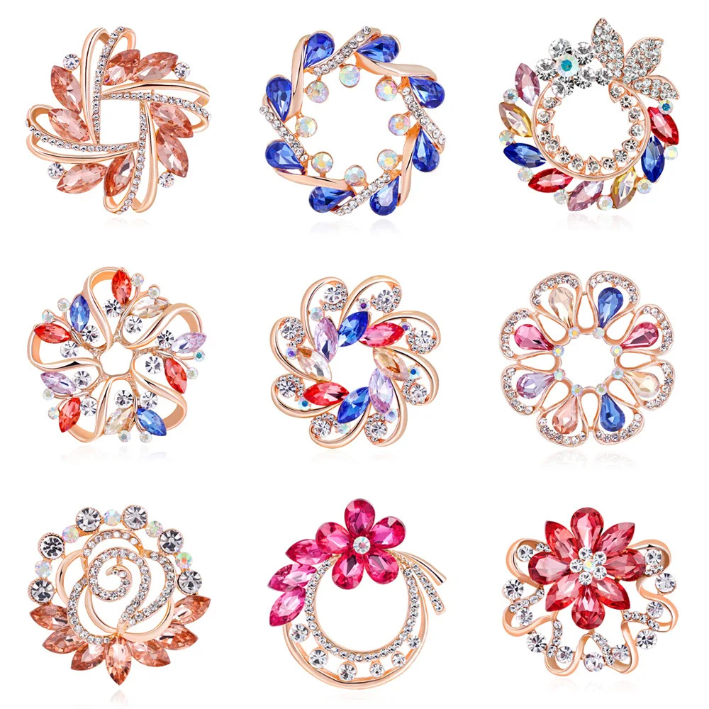 

Exquisite Crystal Flower Brooches Bride Wedding Band Cocktail Party Accessories Multicolor Gem Stone Brooch Pin Jewelry Gifts