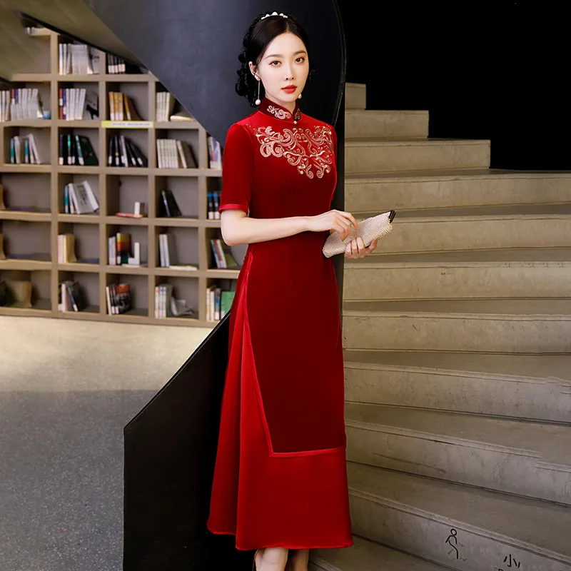 

Classic Embroidery Flower Velour Qipao Chinese Bride Wedding Dress Slim Long Audrey Cheongsam Sexy Lady Vestidos Autumn New