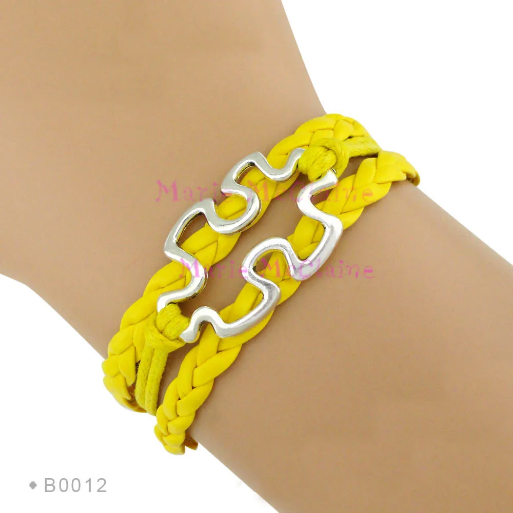 B0012 Yellow Повязка для защиты от аутизма головоломки из голубой, красной, желтой кожи Плетеные браслеты для женщин - Окраска металла: B0012 Yellow
