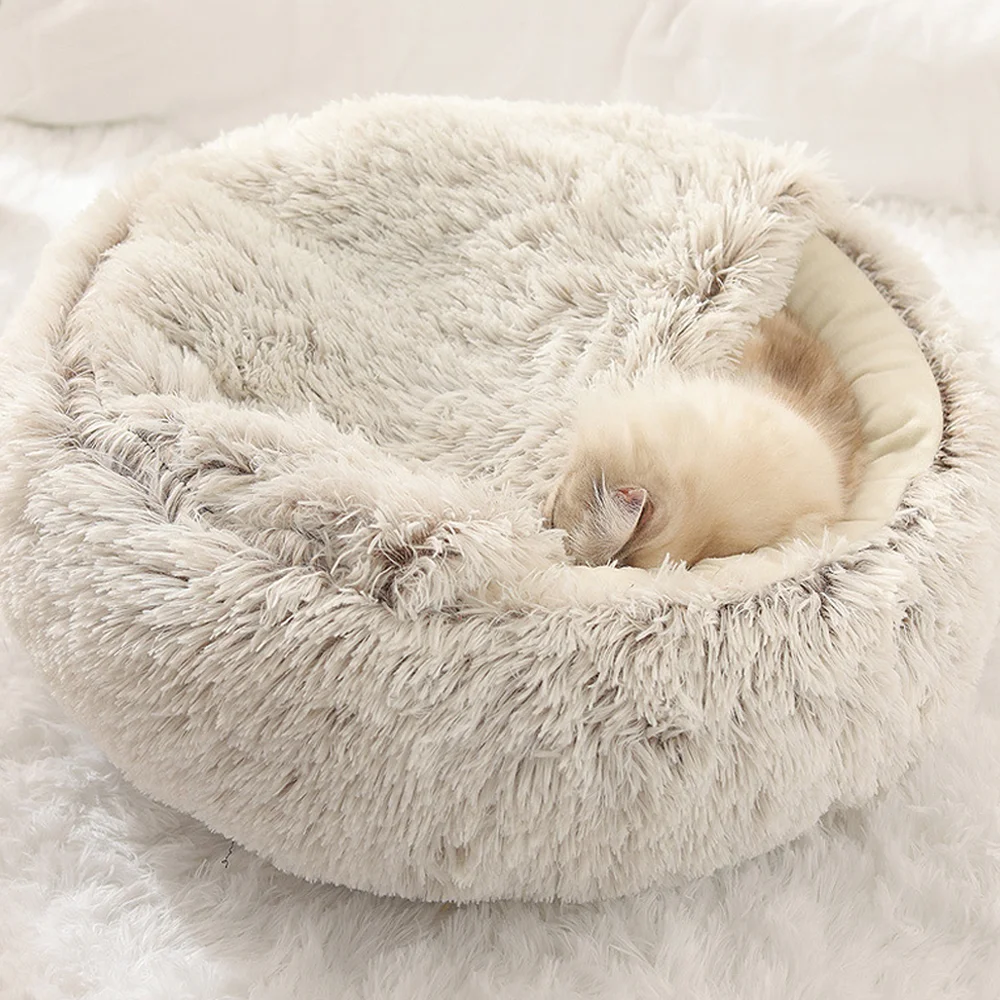 Cama de invierno para gato, coj&iacute;n largo de felpa para mascota, bolsa de dormir c&aacute;lida, cama redonda, cesta para gato, tumbona, nido para perros peque&ntilde;os, medianos y grandes-2