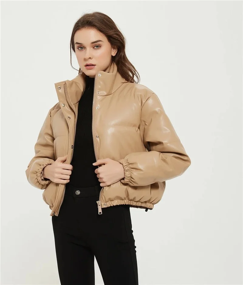 Winter New Ladies Leather Jacket Stand-up Collar Button Short Warm Bread Jacket Cotton Jacket Women Streetwear Elegant Coat Girl