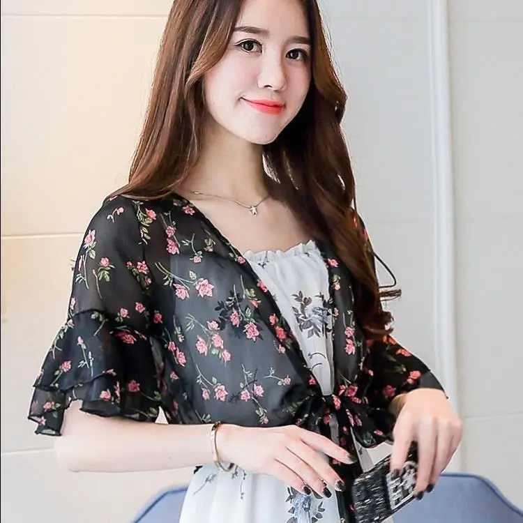 Новое летнее кимоно с принтом кардиган Пляжная накидка блузки женские топы