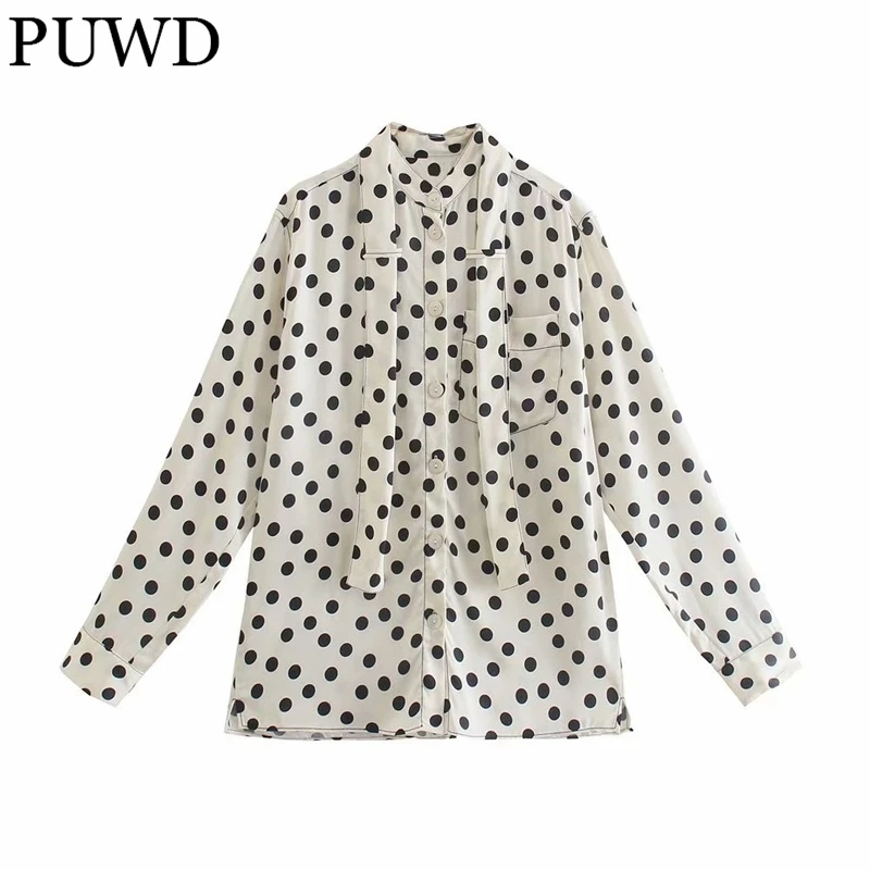 

PUWD Elegant Women Single Breasted Blue Bow Shirts 2021 Summer Fashion Ladies Long Sleeve Streetwear Shirt Sweet Girl Chic Blusa