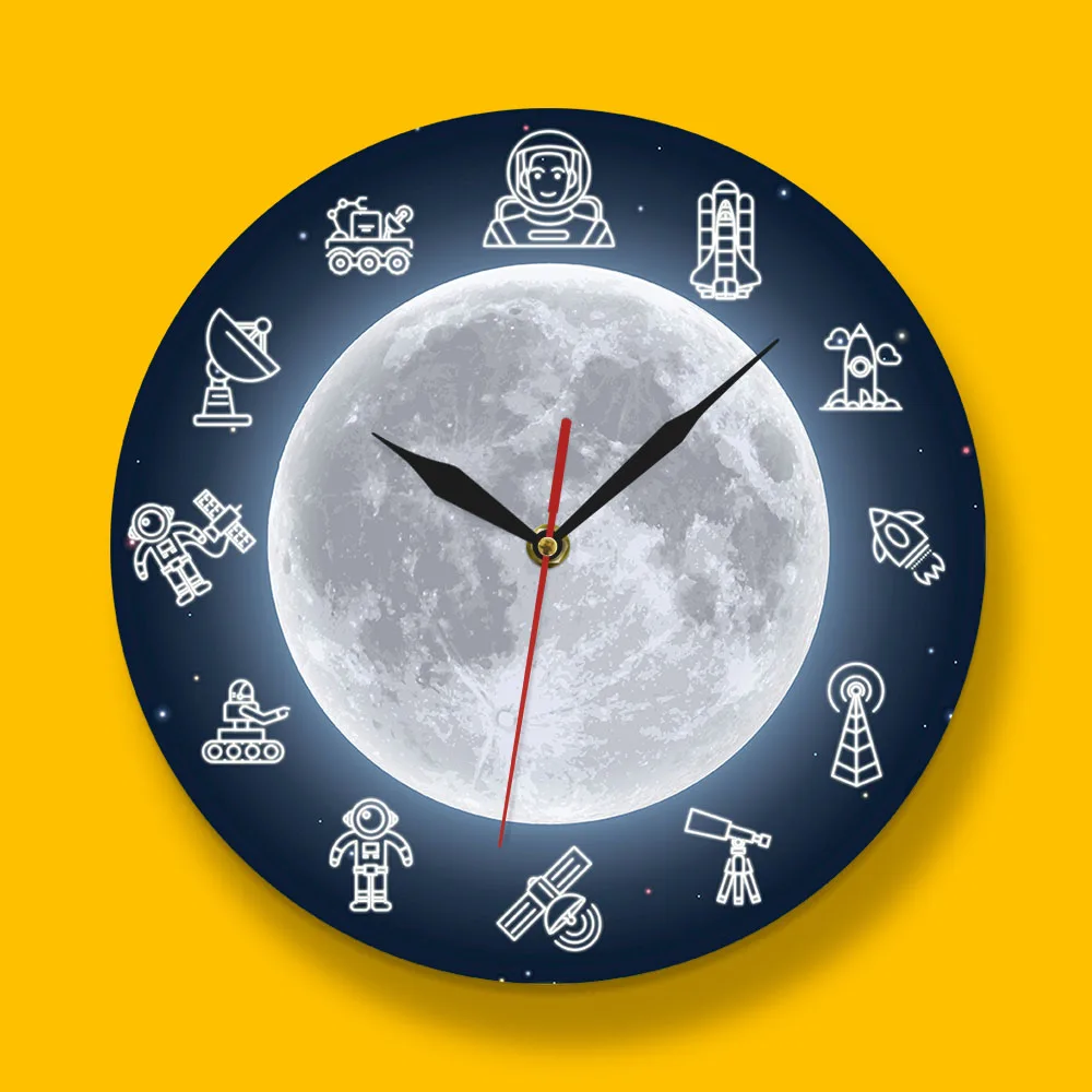 Space Travel Moon Wall Art Modern Clock Outer Astronaut Round Time Watch Science Surreal Galaxy Decor | Дом и сад