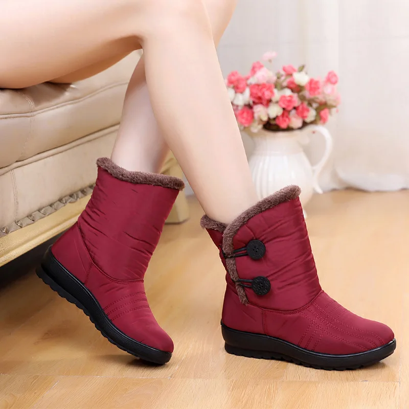 

Winter New Snow Boots Women's Warm Non Slip Cotton Shoes Button Middle Tube Waterproof Slope Heel Cotton Shoes
