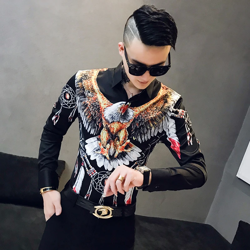 Осенняя мужская Модная приталенная рубашка с коротким рукавом Camisa Masculina, Повседневная Уличная Мужская рубашка с принтом орла