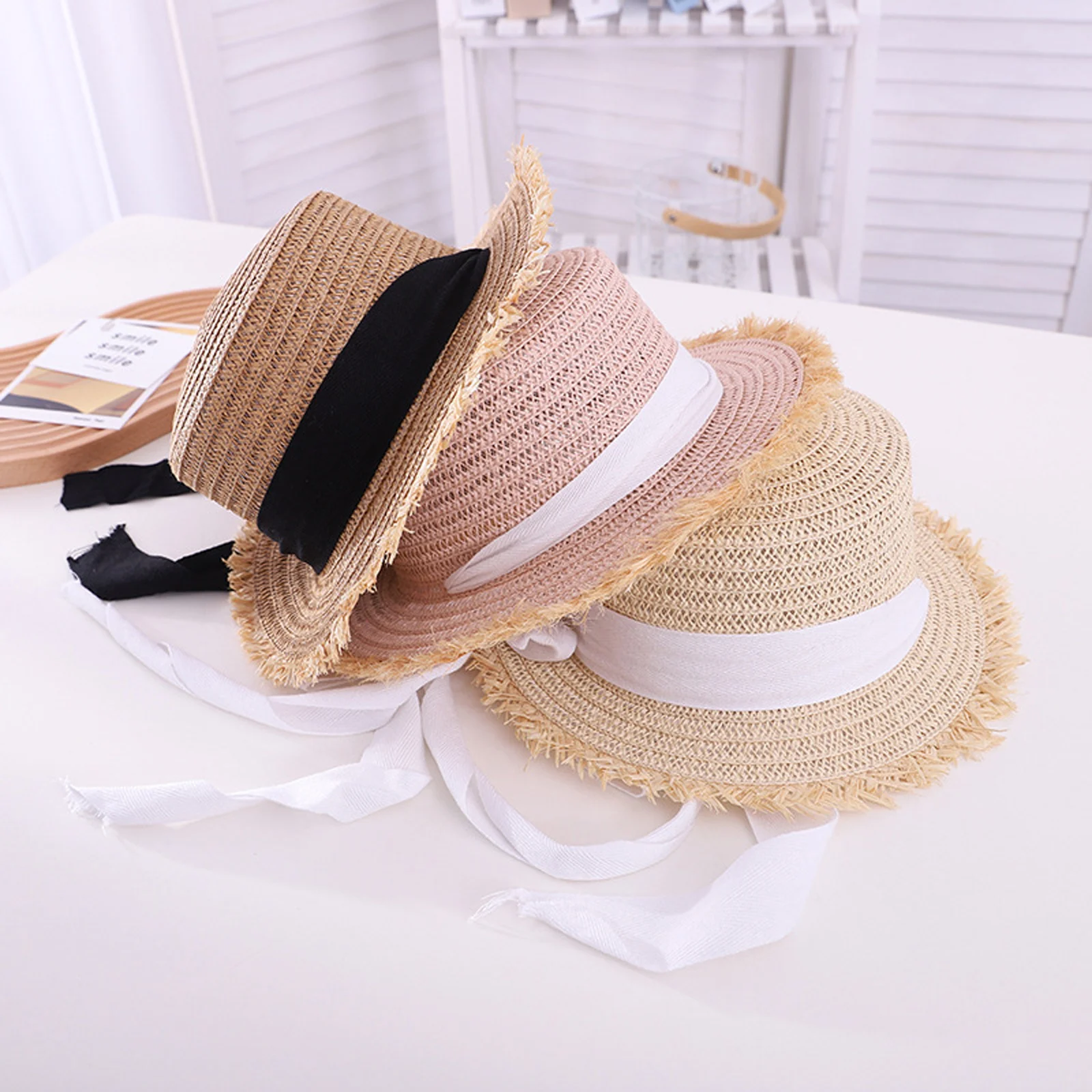EWODOS Toddler Kids Girls Straw Sun Hat Wide Brim UV Protection Flat Top Sun Cap with Bandage Beach Sun Hat for Kids Girls