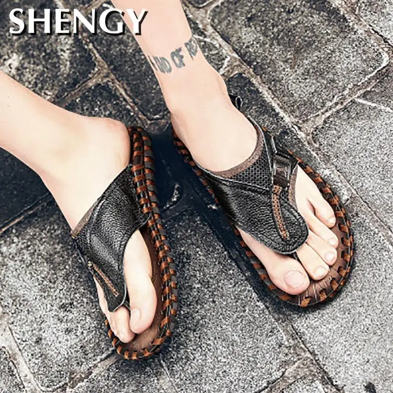 

2020 SHENGY Men's Slippers Real Leather Summer Men's Slippers Comfortable Beach Sandals Men's Casual Shoes Fashion Sandals