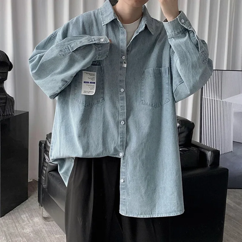 

Young Men Spring Autumn Fashion Demin Shirt Loose Casual Embroidered Top Jacket Outwear