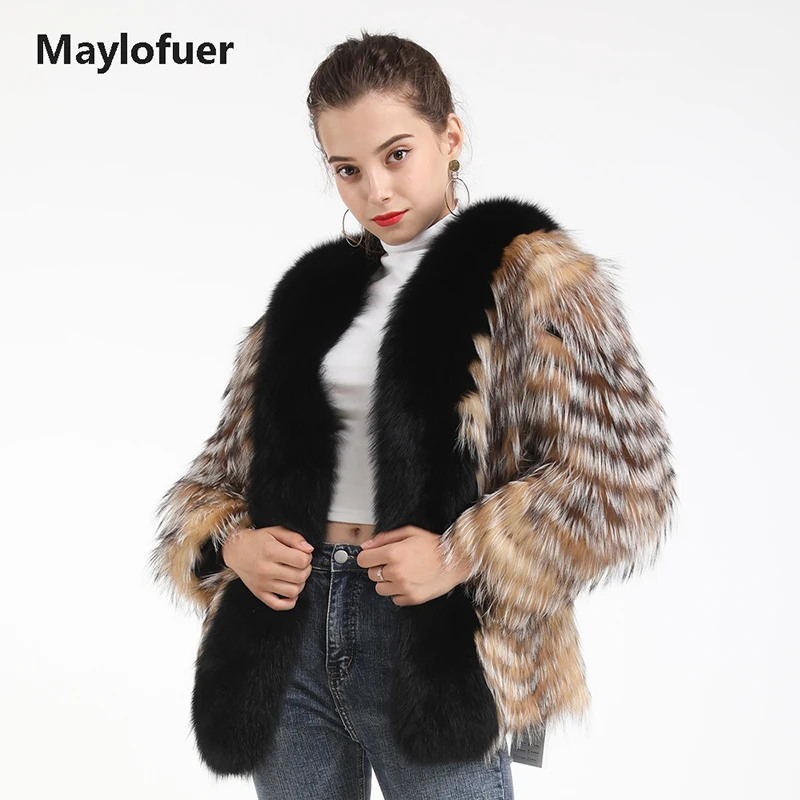 Женское пальто MaylofuerWomen из натурального Лисьего меха Winte с воротником куртка
