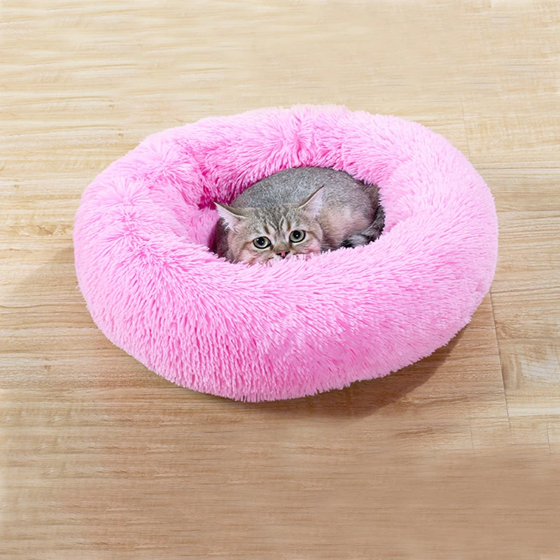 pink Круглые плюшевые кошки кровать Дом Мягкая длинная плюшевая кошка кровать круглая собака кровать для маленьких собак кошки гнездо зимняя теплая спальная кровать щенок коврик - Цвет: pink