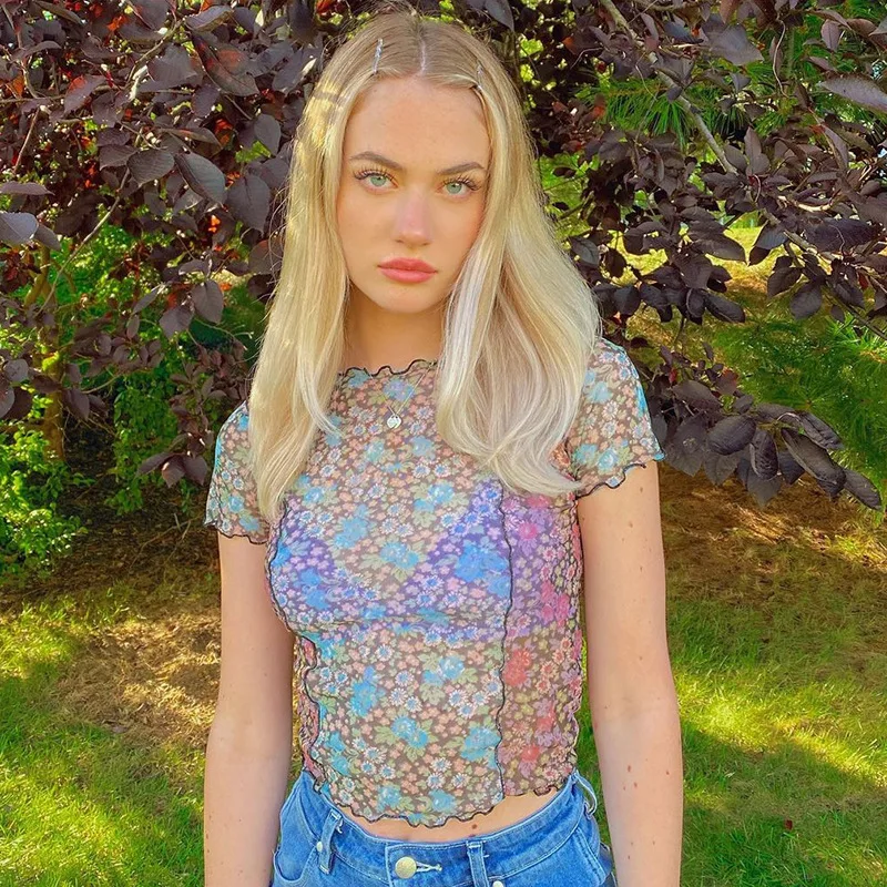 

Детская Сетчатая футболка с цветочным принтом в стиле пэчворк, уличная одежда, пикантные летние Клубные укороченные топы с короткими рукав...