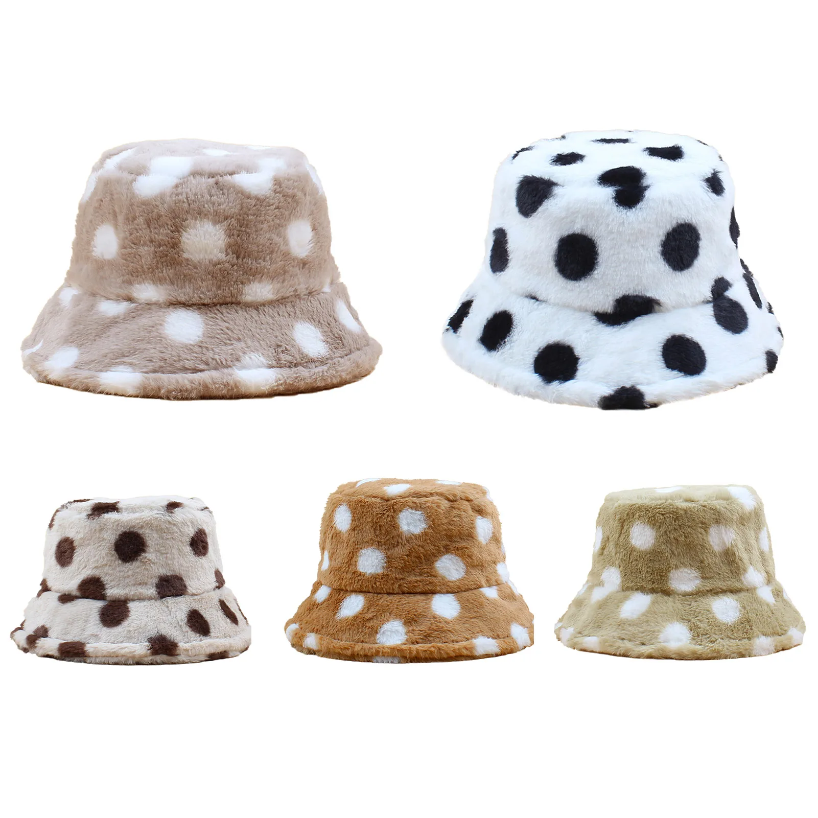 

Women Bucket Hat Faux Fur Fluffy Polka Dots Wide Brim Sunbonnet Autumn Winter Casual Cap Spotted Fisherman Bonnet