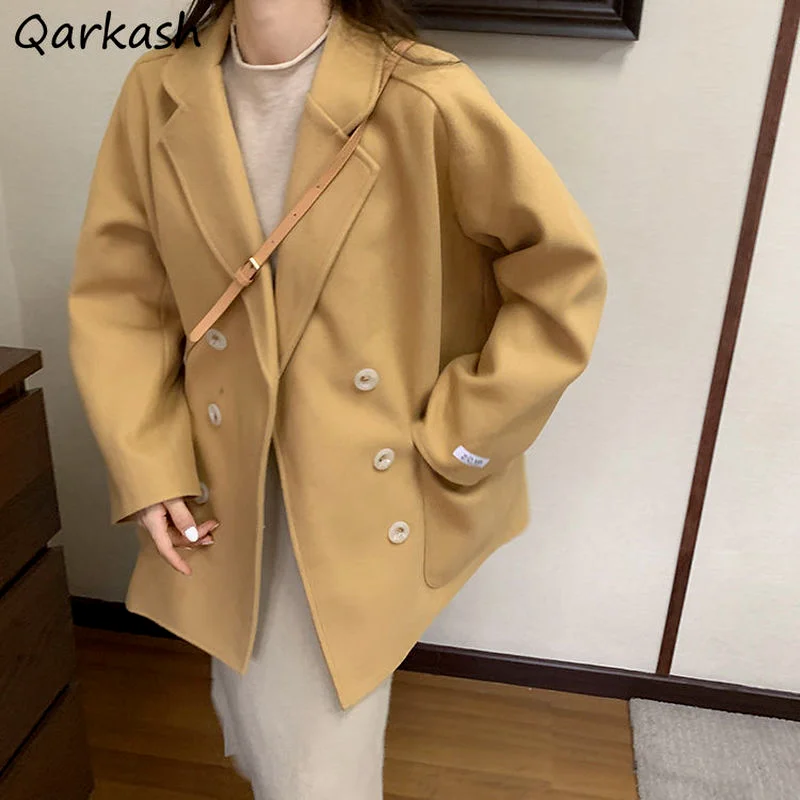

Solid Wool Women Simple Sweet Blends Korean Style Streetwear Loose Chic Casual Temperament Coat Winter Outwear Elegant Long New