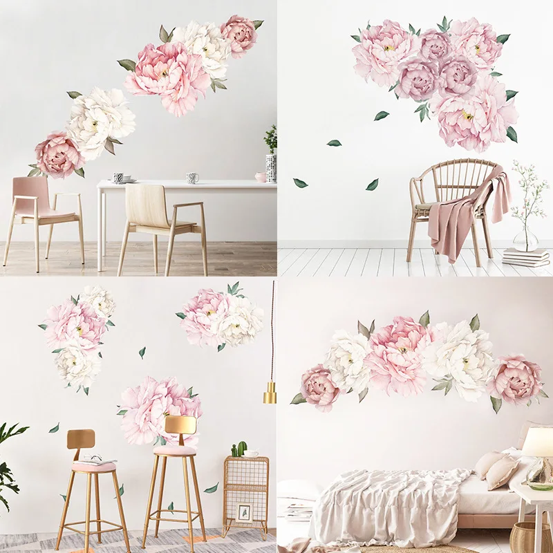 

4 стиля, красивые розовые пионы, цветы, настенные наклейки, домашний декор для спальни, гостиной, DIY виниловые наклейки на стены, украшение де...