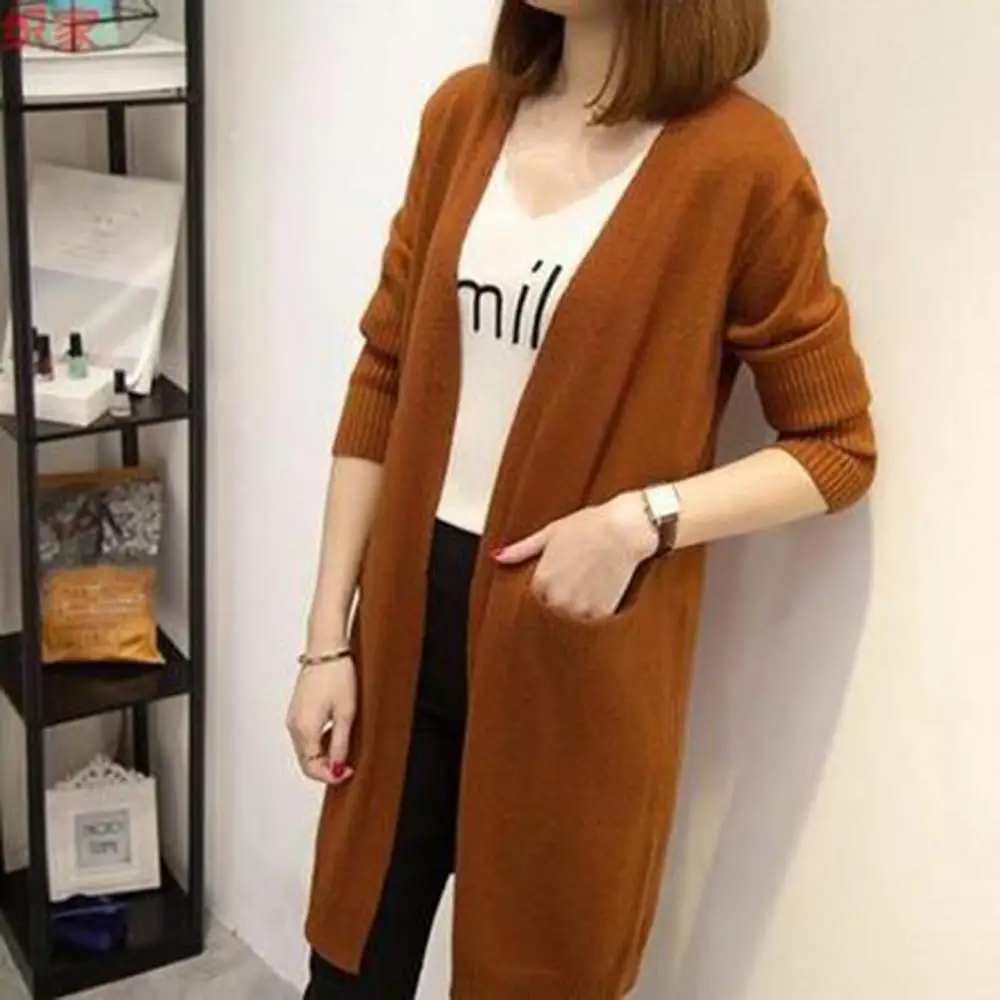 Женский кардиган с длинными рукавами и карманами осенне-зимний плотный вязаный
