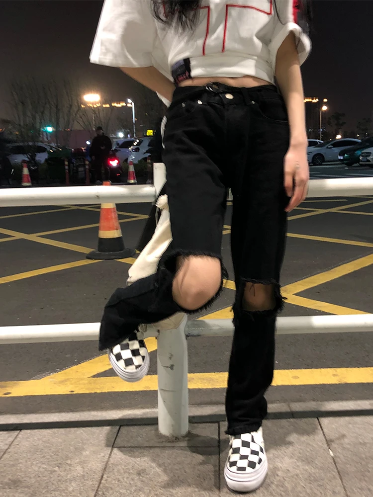 

Jeans Women Summer Vintage Chic Distressed Hole Black High Waist Femme Straight Trousers Harajuku All-match Korean Girls Street