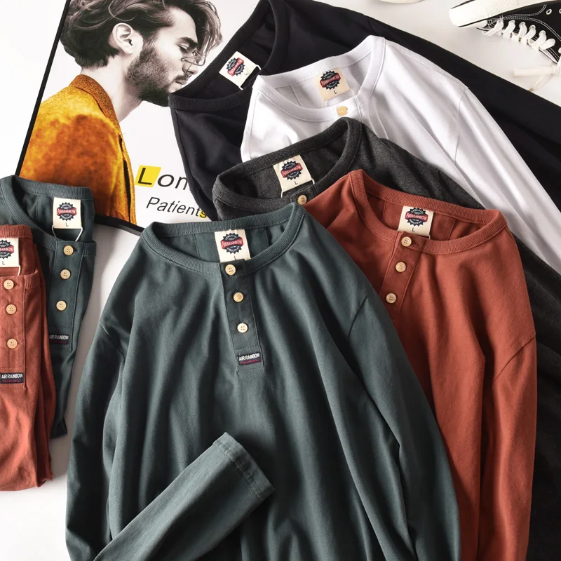 

Japanese Simple Autumn New Men's Fashion Long Sleeve Henry Collar Pure Cotton Solid Color T-shirt Retro American Casual Shirt