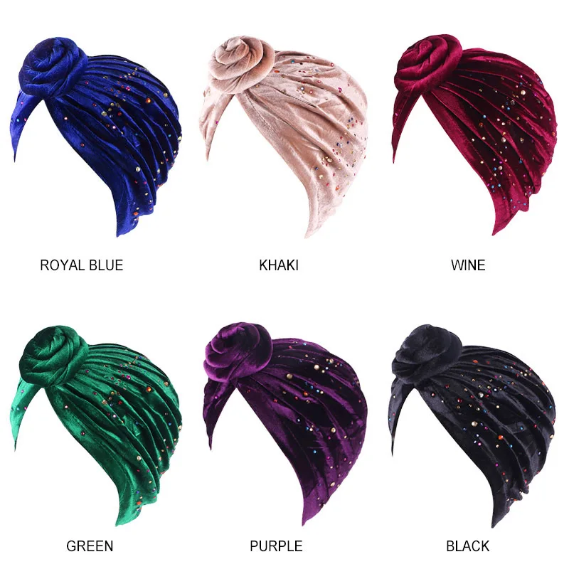

2019 Fashion Velvet Turban Women Rhinestone Muslim Scarf African Knot Hijab Scarf Soft Knotted India Hat Warm Headscarf Bandanas