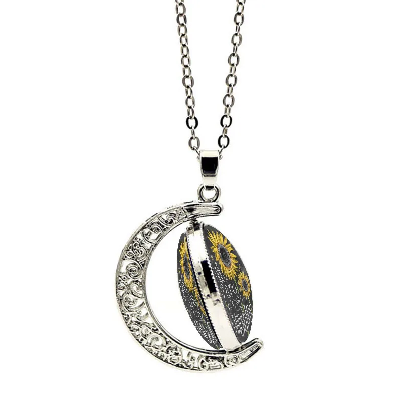 

You Are My Sunshine Rotating Necklace Retro Time Gemstone Crystal SunFlower Pendant Glass Oval Ball Sweater Chain Neck Jewelry