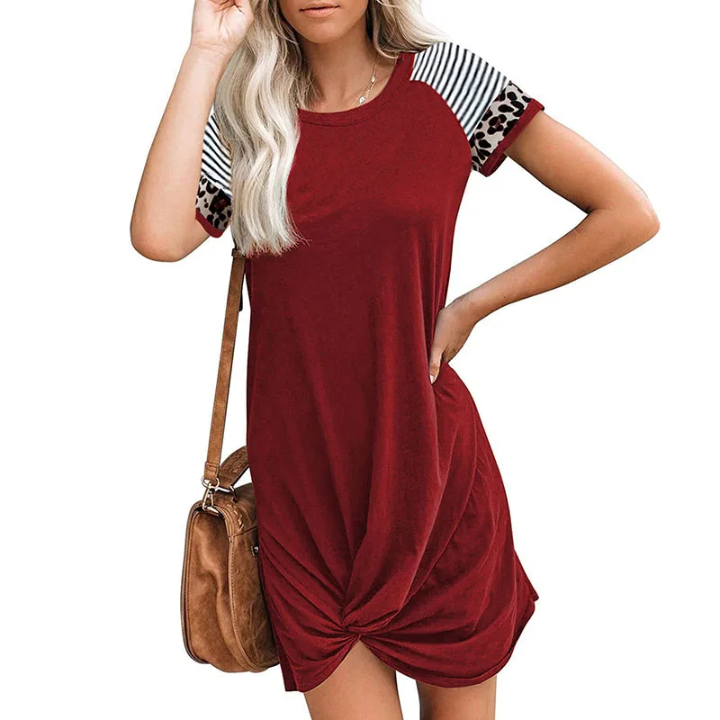 

2021 Hot Sale Women's Summer Raglan Leopard Print Stitching Short Sleeve T-Shirt Pocket Dress