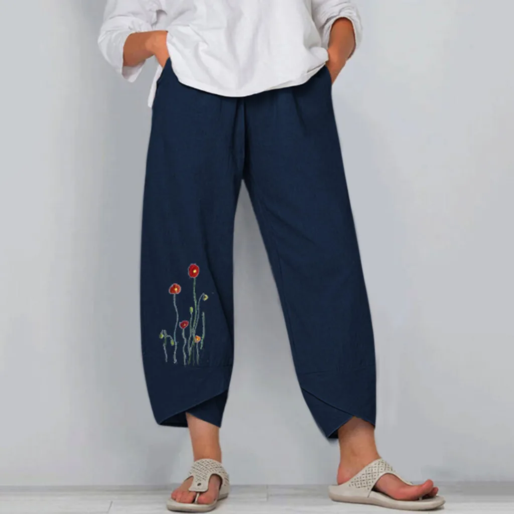 

Women's summer casual loose cotton and linen embroidered wide-leg pants Fashion Women Solid Hollow Out Lace Ruffles Buttons