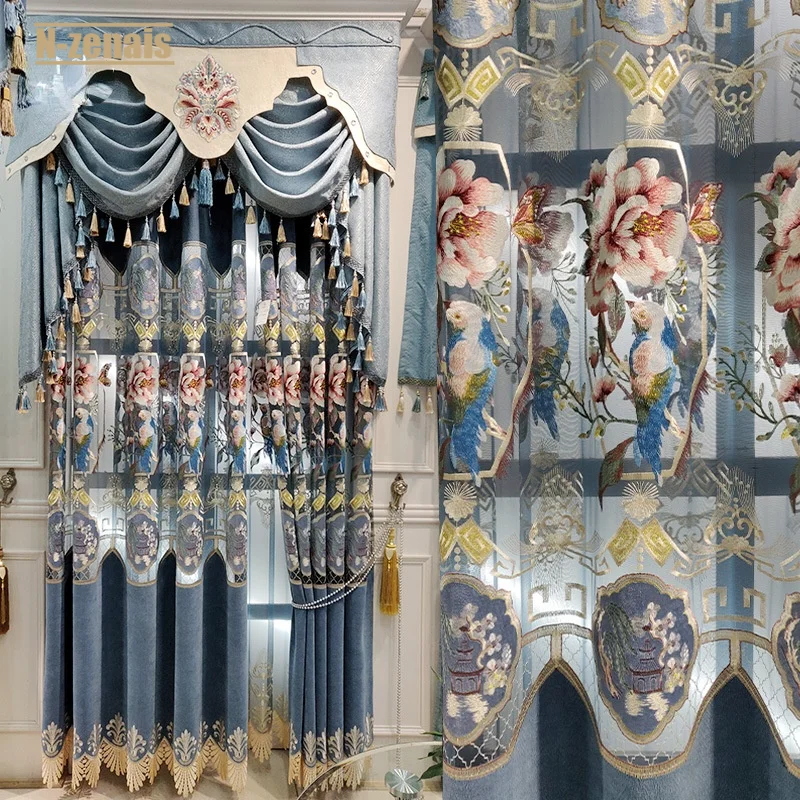 

New Chinese Style Luxury Embroidered Cashmere Chenille Thickened Curtains for Living Room Dining Room Balcony Curtains Screens
