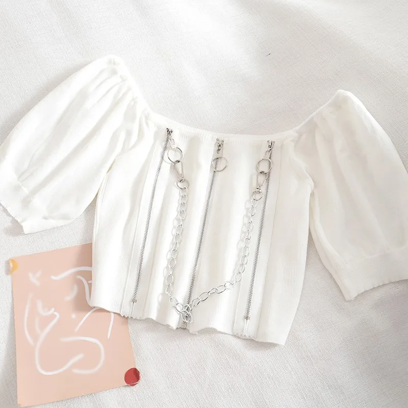 

Summer T Shirt Women's Square-Neck Tooling Zipper Top Exposed Navel Sexy Slim Short Sleeves Top Pullover Camiseta Saco M