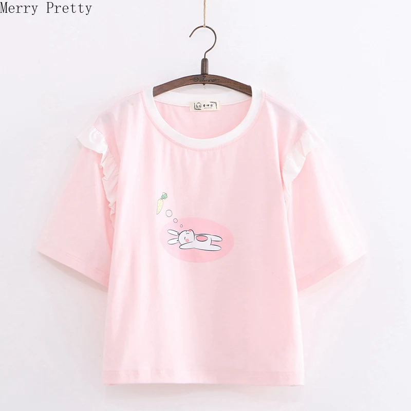 

Pink Cartoon Rabbit Print Ruffles T Shirts Female Cotton T-shirt Women Sweet Style Short Sleeve O-neck Summer Harajuku Tops Tees