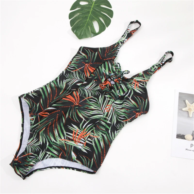 

Plus Size Swimwear 2021 Print Tropical Leaves Chest Hollow Bandage High Waist One Piece Bikini Bathing Suit for Women K