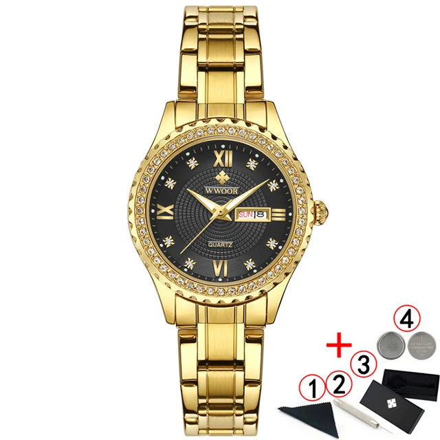gold black box Новинка WWOOR женские часы Топ люксовый бренд модные повседневные женские кварцевые наручные часы из нержавеющей стали Сетчатое платье часы для девочки - Цвет: gold black box